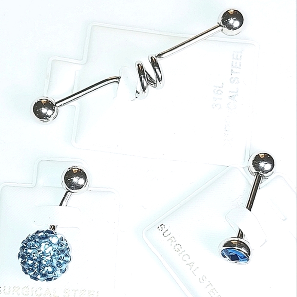 NWT Electric Blue Set of 3 Stainless Surgical Steel Body Jewelry Set